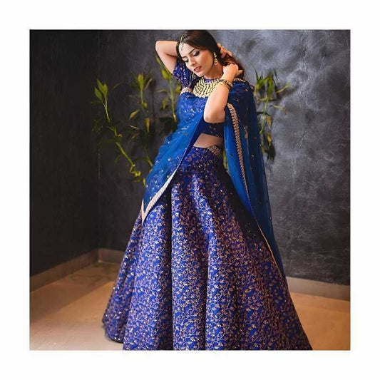 Blue Silk Embroidered Lehenga in Matching •