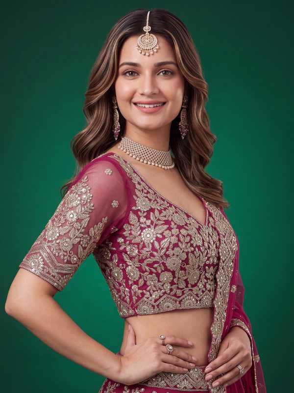 Pink Soft Net Wedding Lehenga in Matching •