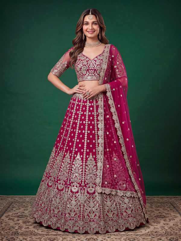 Pink Soft Net Wedding Lehenga in Matching •