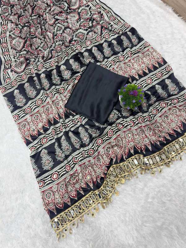 Satin Printed Saree in Black