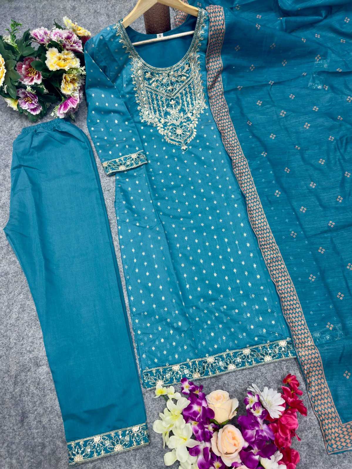 Chanderi Cotton Party Wear Kurti in Sky Blue