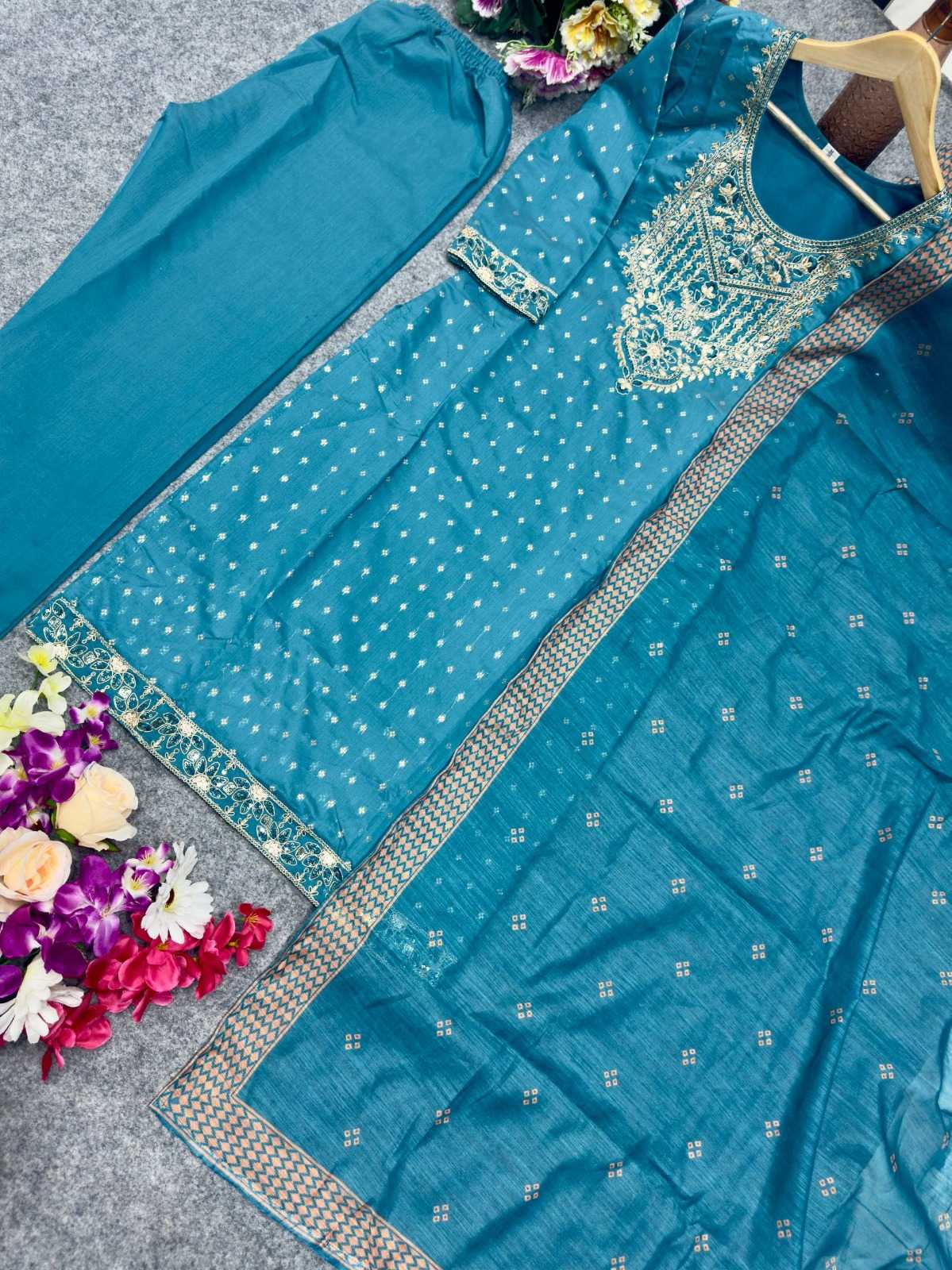Chanderi Cotton Party Wear Kurti in Sky Blue
