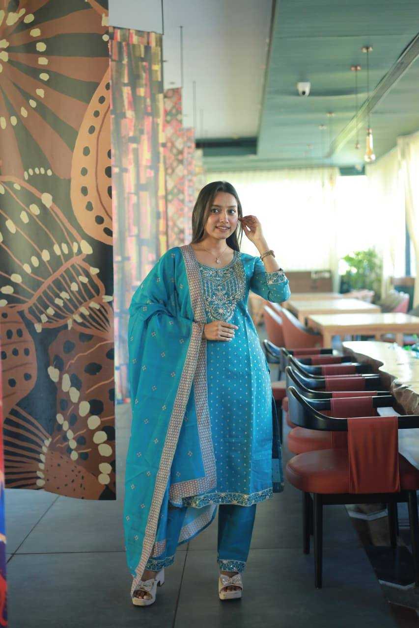 Chanderi Cotton Party Wear Kurti in Sky Blue