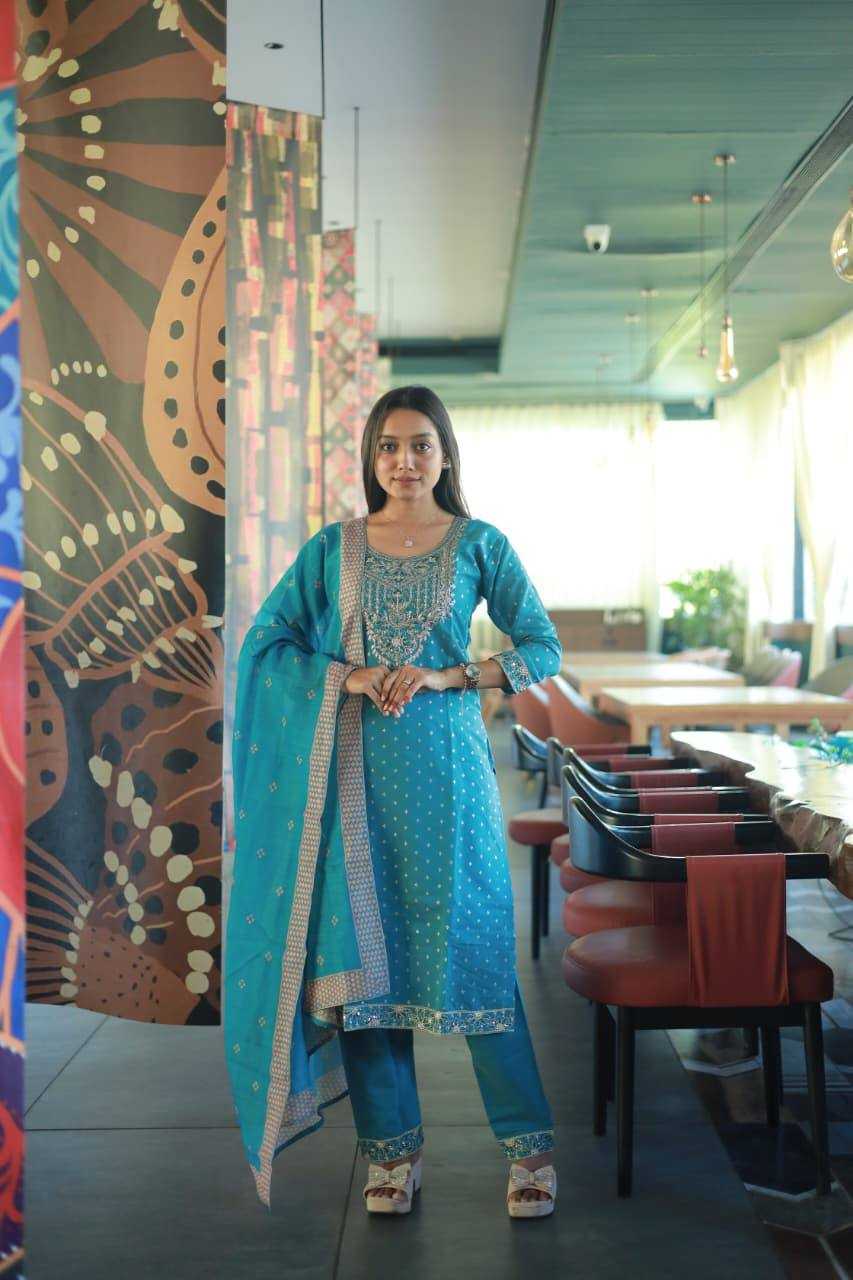 Chanderi Cotton Party Wear Kurti in Sky Blue
