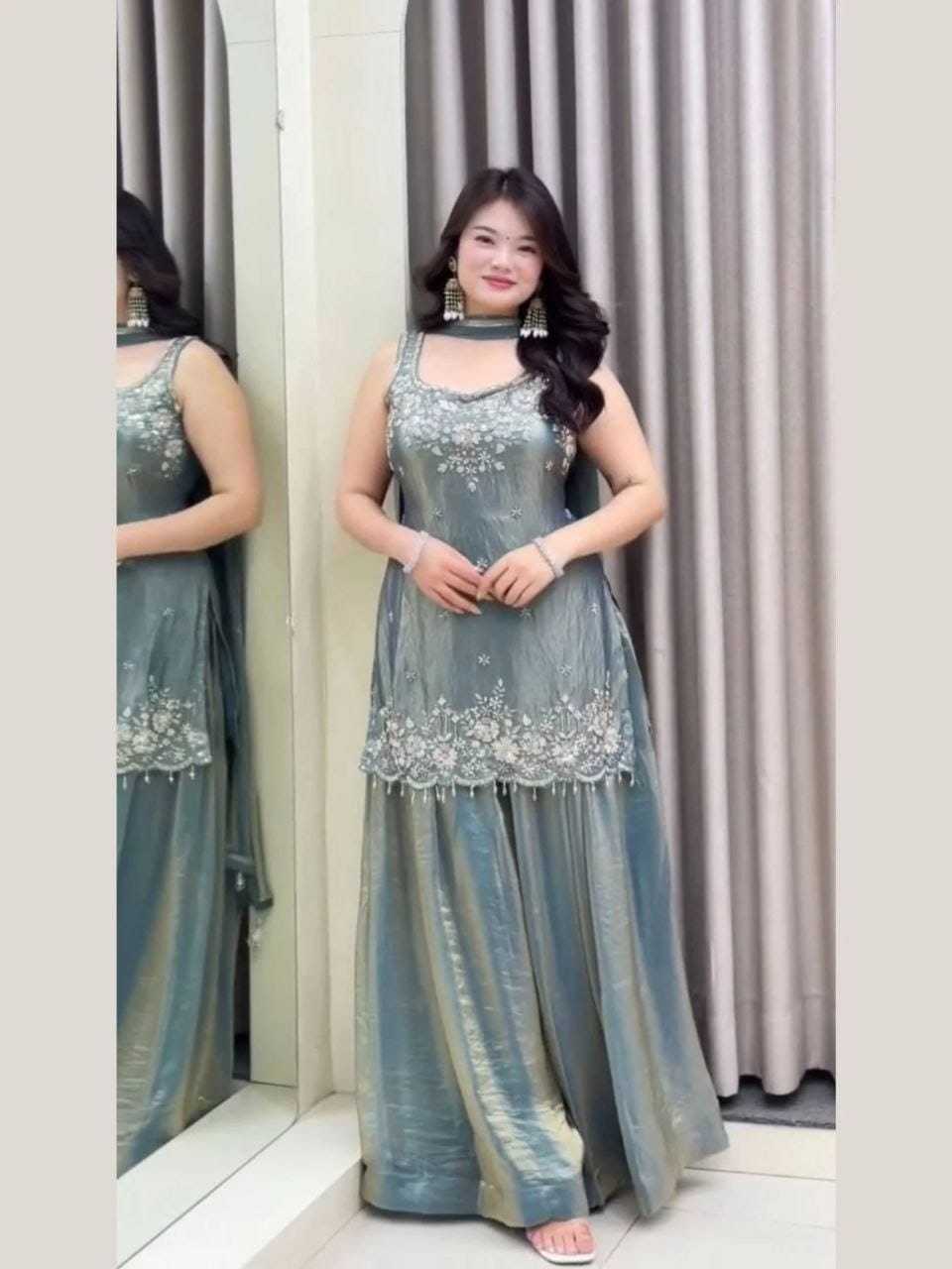 Satin Embroidery Suit in Sky