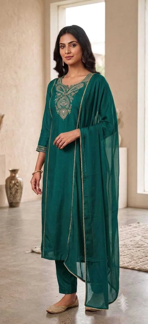 Slub Reyon Party Wear Kurti in Rama