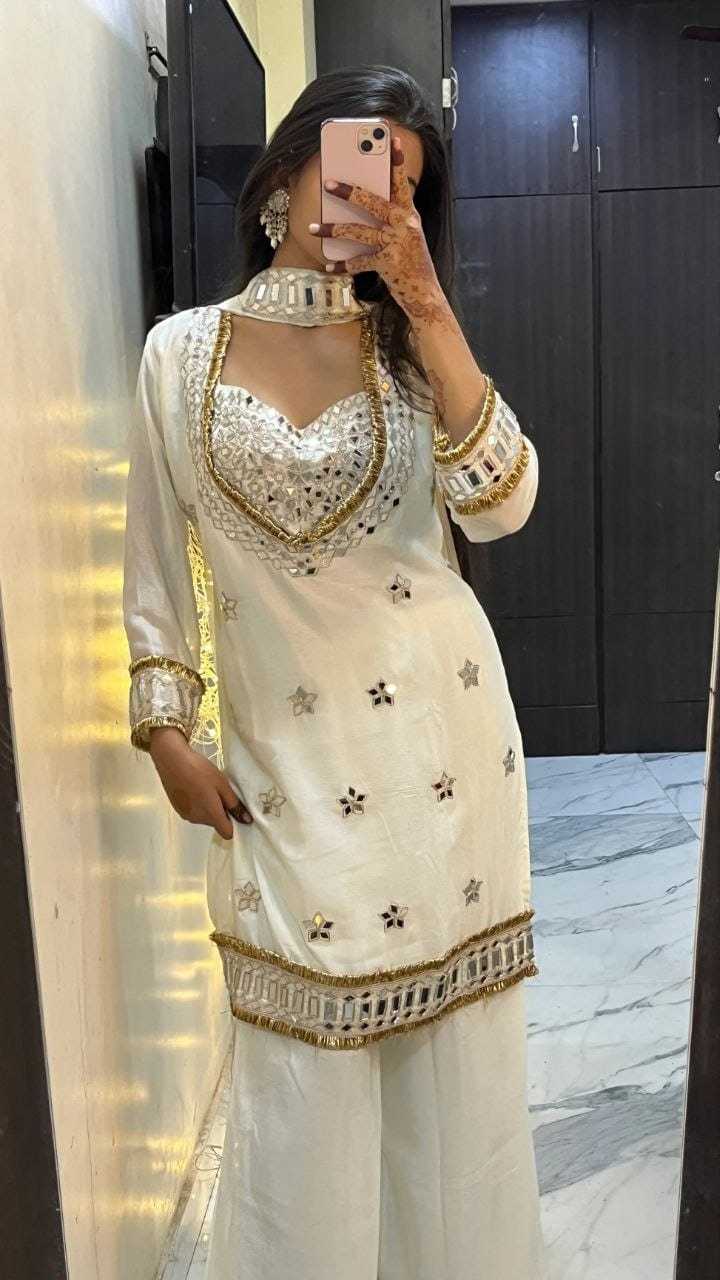 Chinon Silk Embroidery Suit in White
