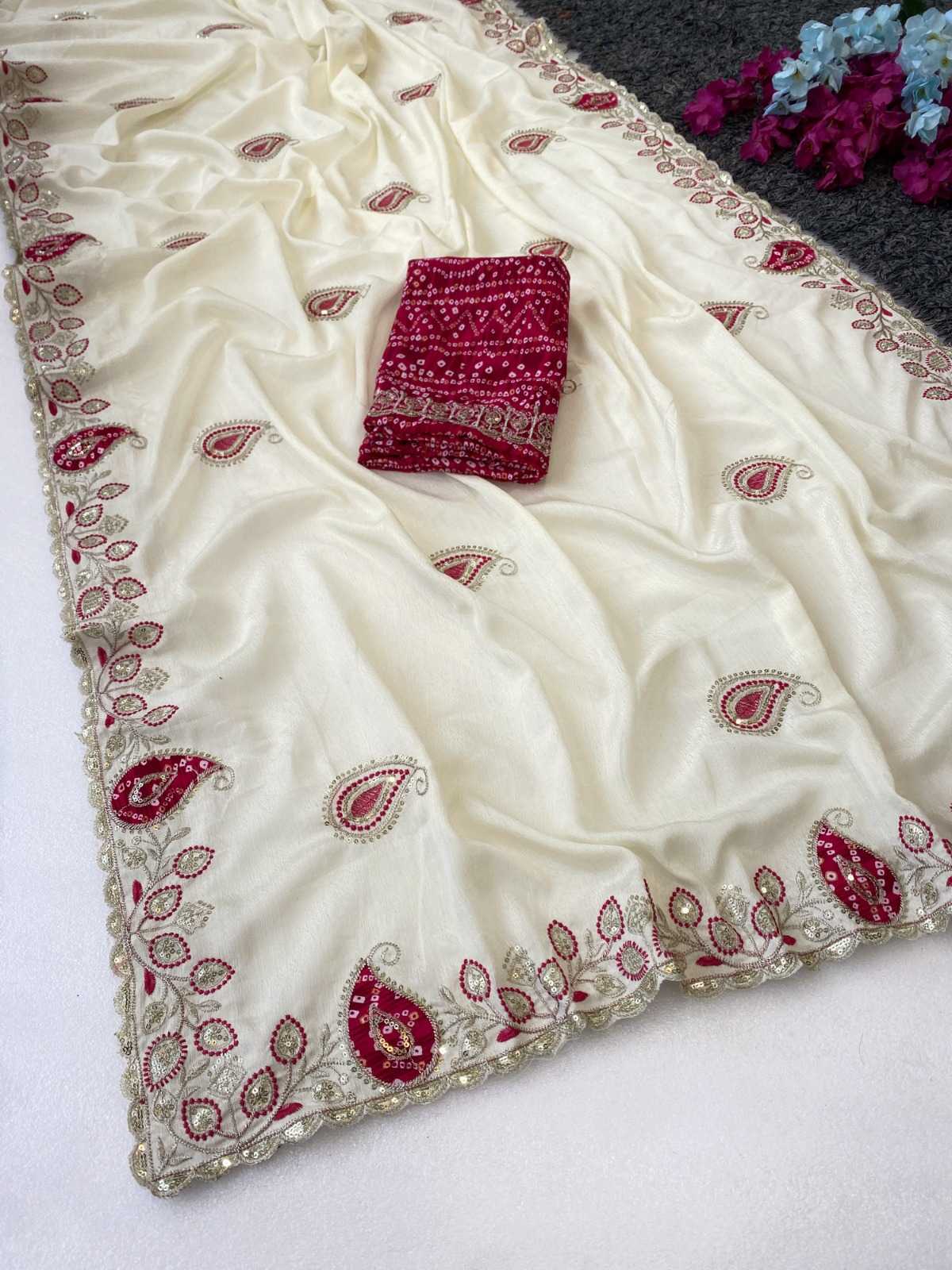 Chinon Silk Designer Saree in Coral