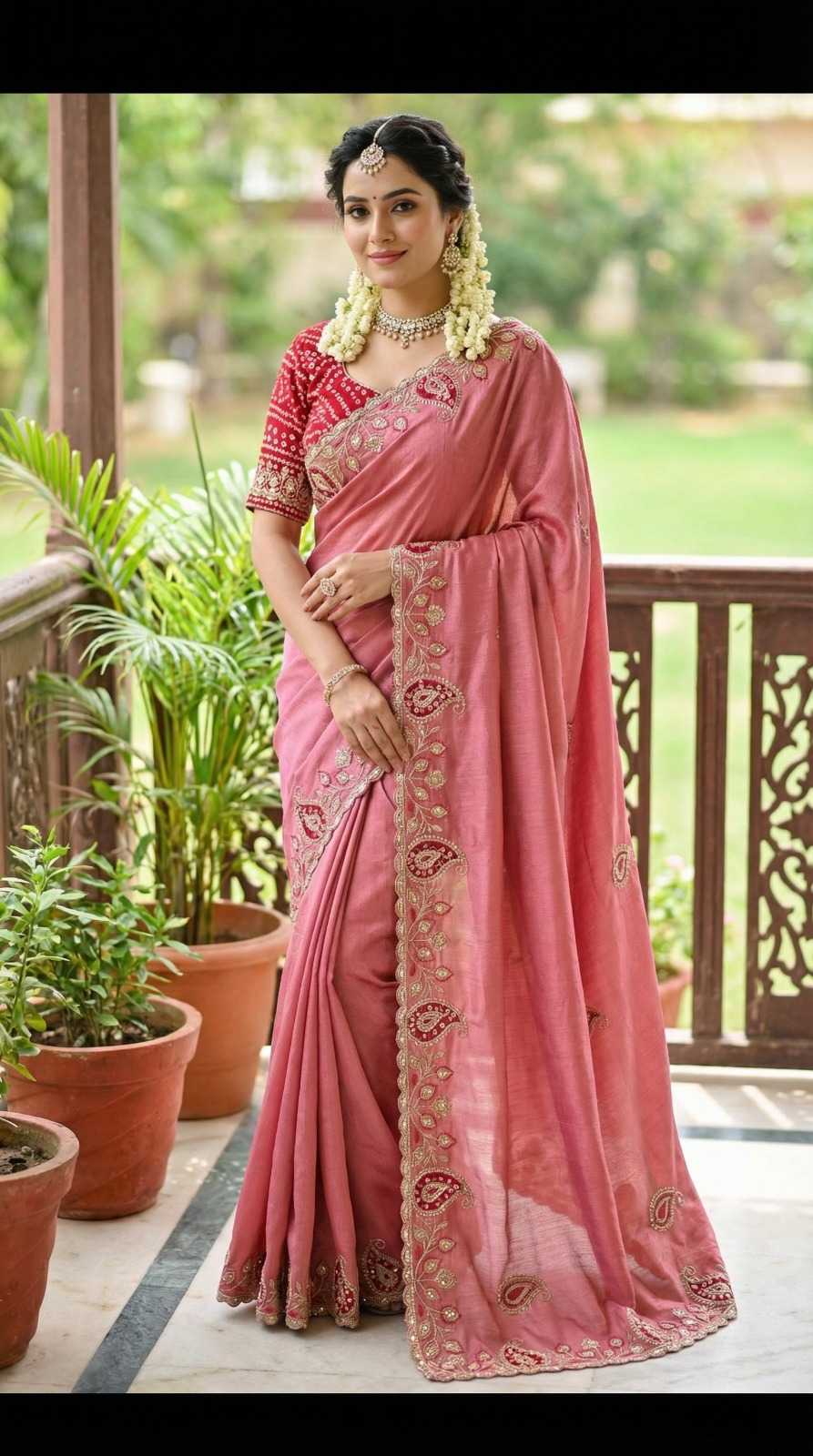 Chinon Silk Designer Saree in Coral