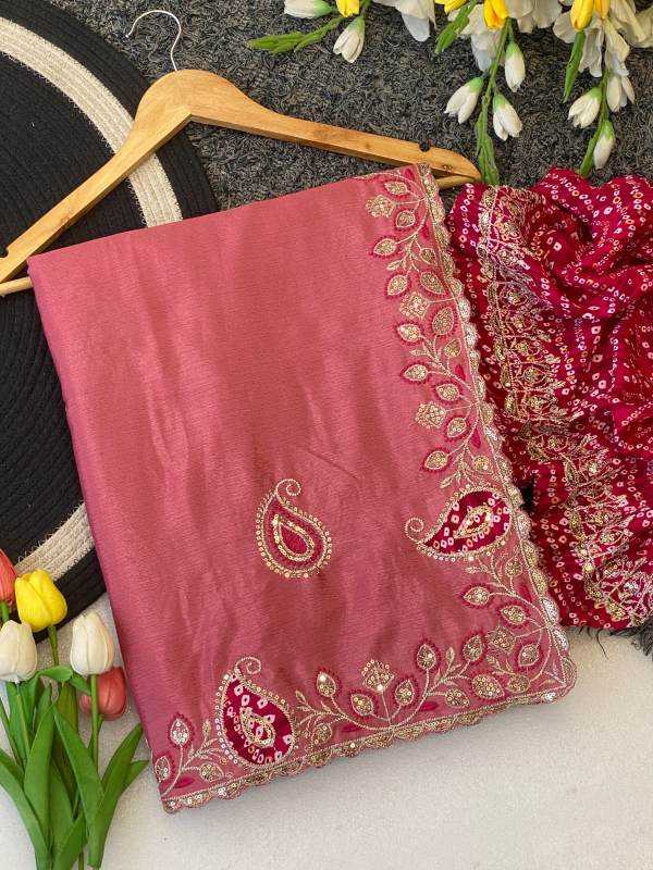 Chinon Silk Designer Saree in Coral