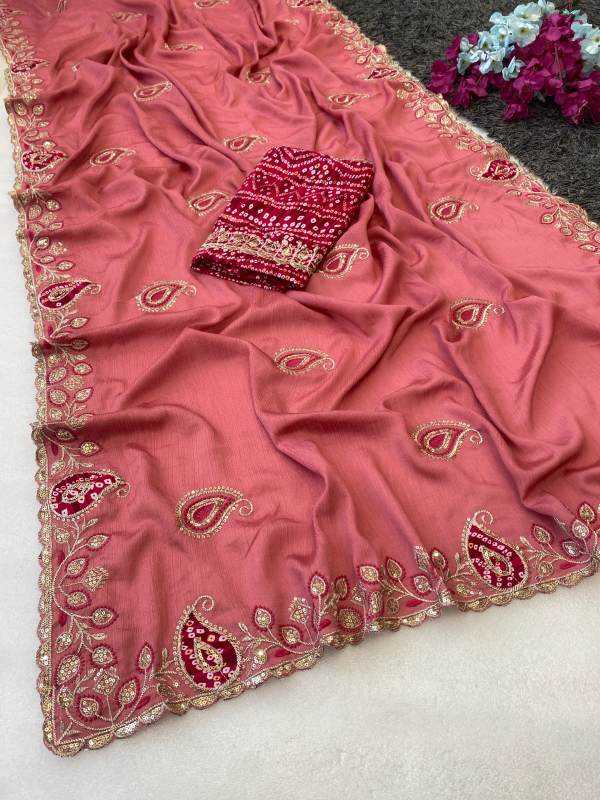 Chinon Silk Designer Saree in Coral