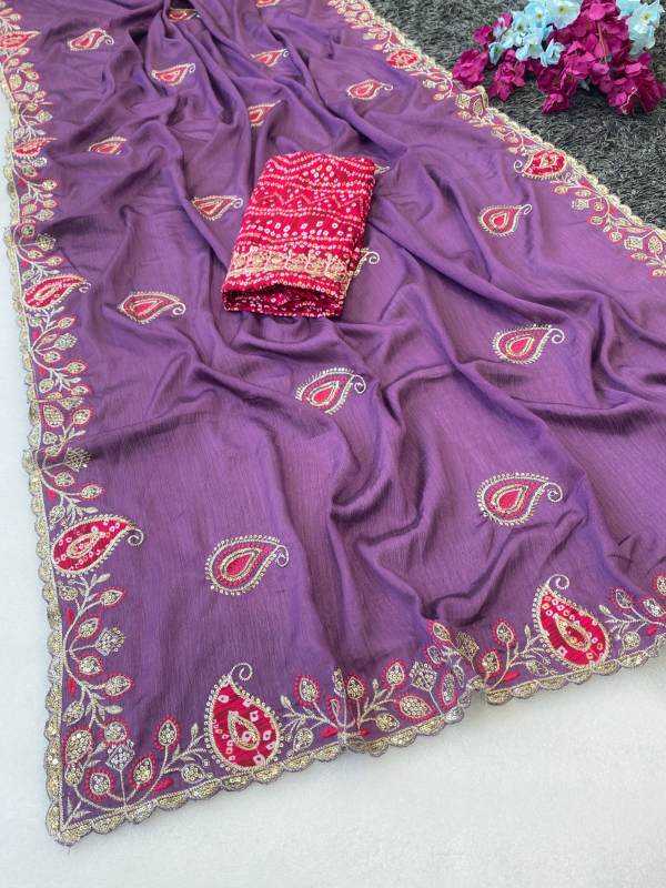 Chinon Silk Designer Saree in Coral