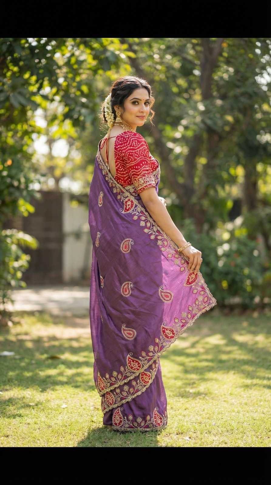 Chinon Silk Designer Saree in Coral