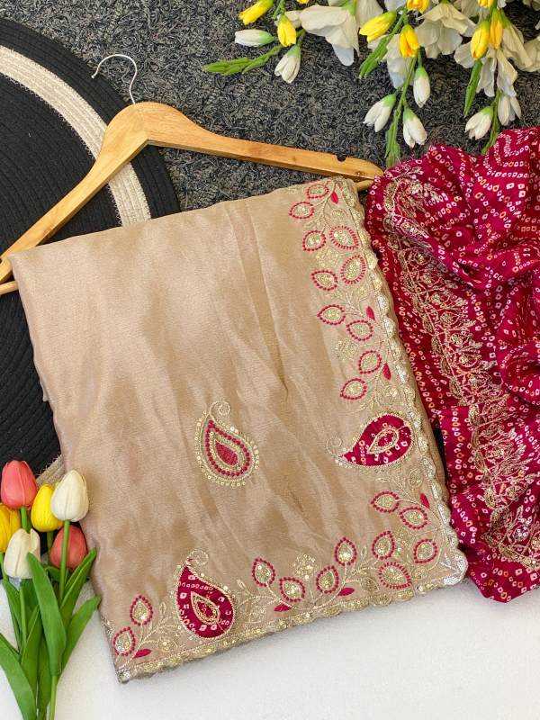 Chinon Silk Designer Saree in Coral