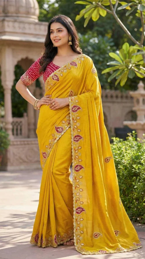 Chinon Silk Designer Saree in Coral