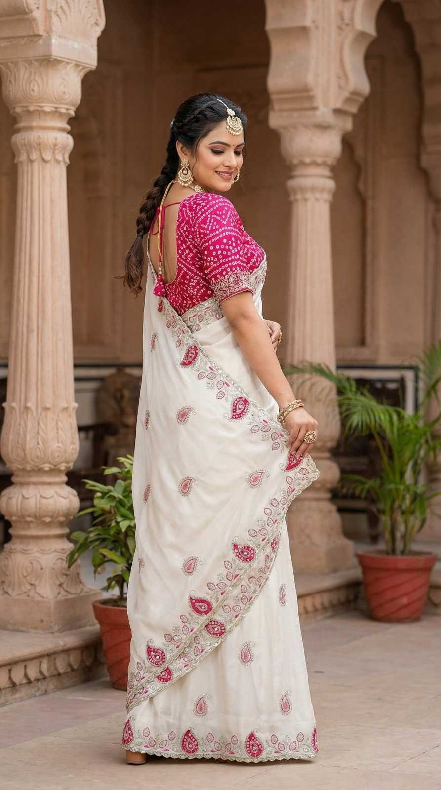 Chinon Silk Designer Saree in Coral