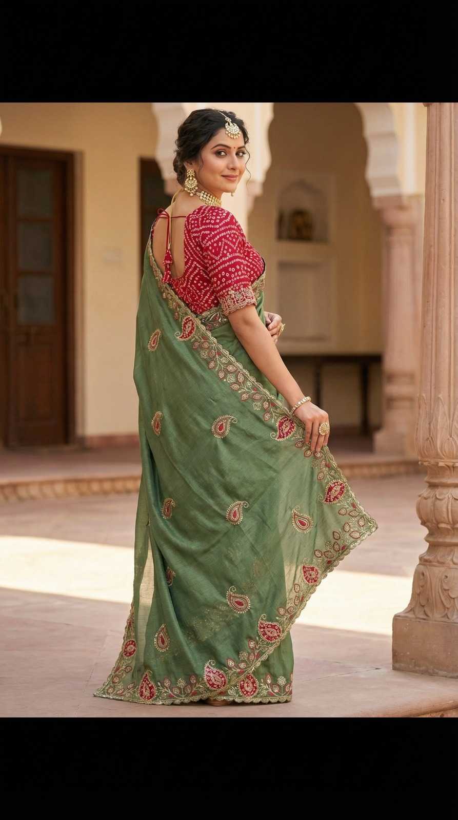 Chinon Silk Designer Saree in Coral