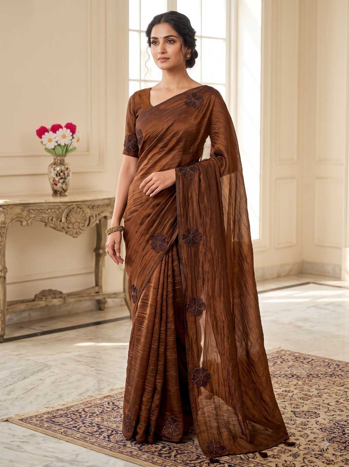 Satin Sequence Saree in Brown