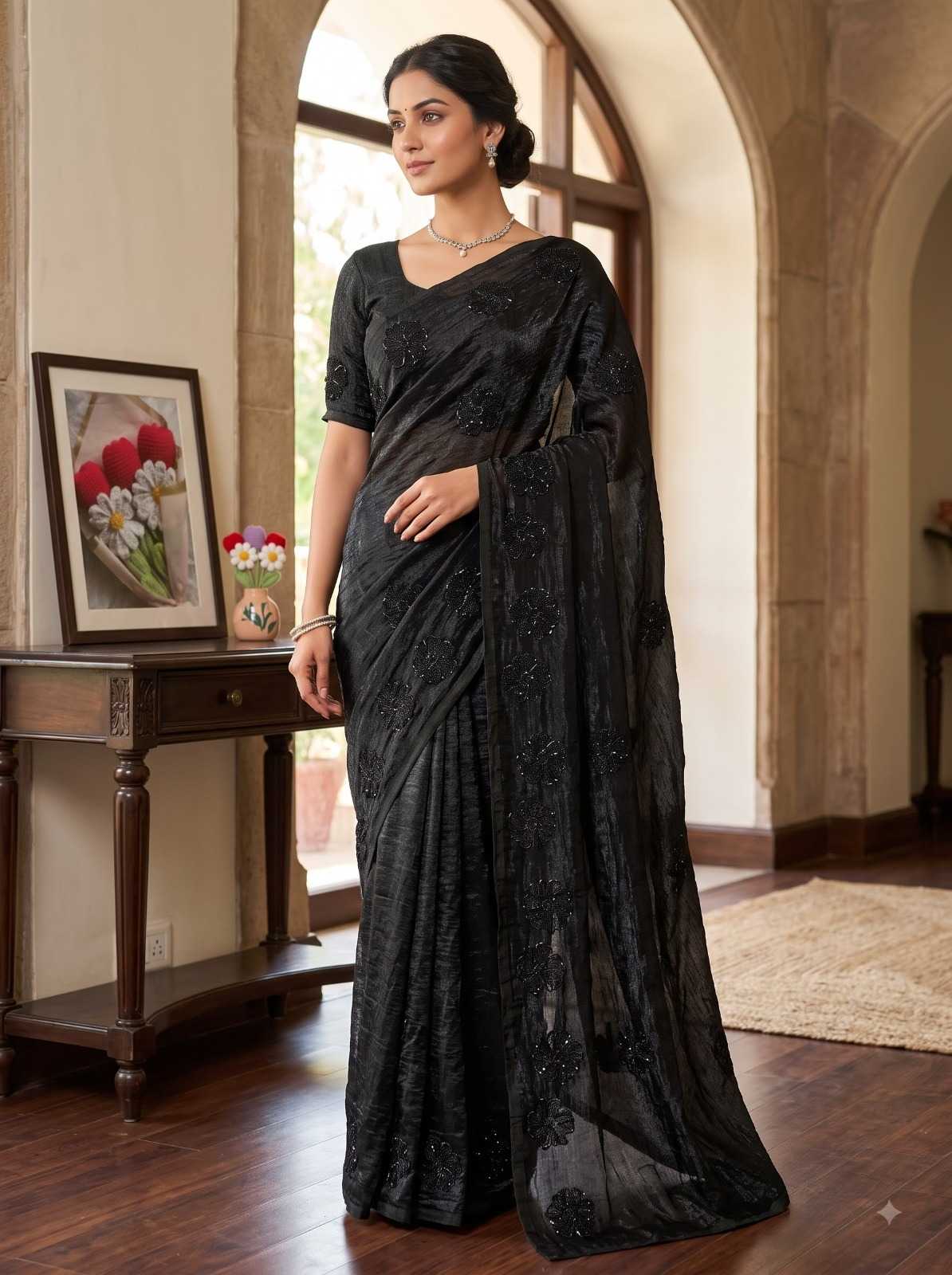 Satin Sequence Saree in Brown