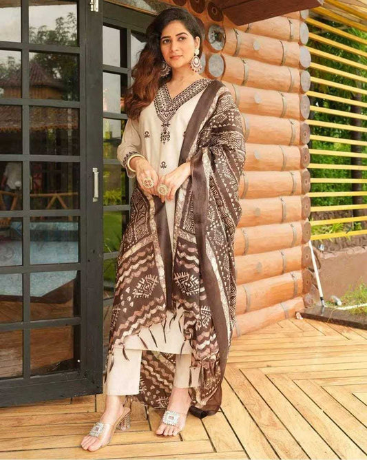 Cream Cotton Embroidery Suit