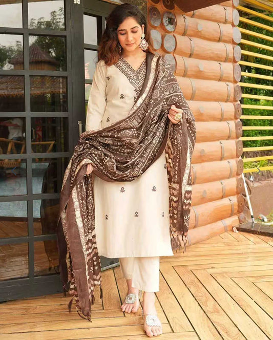Cream Linen Printed Suit