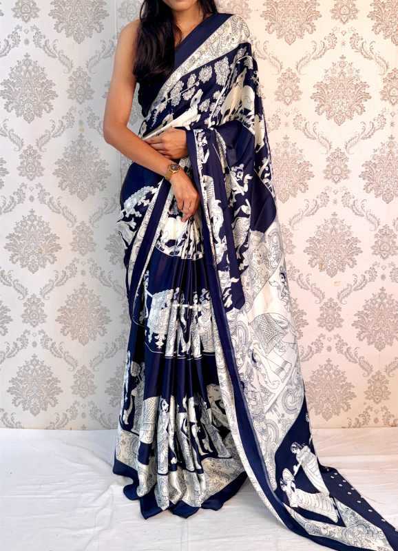Satin Silk Designer Saree in Deep Blue