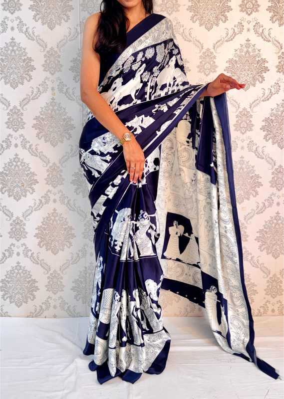 Satin Silk Designer Saree in Deep Blue