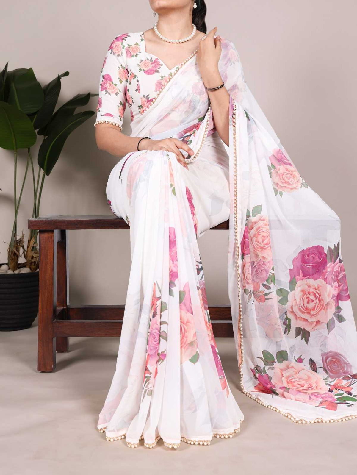 Georgette Printed Saree in White