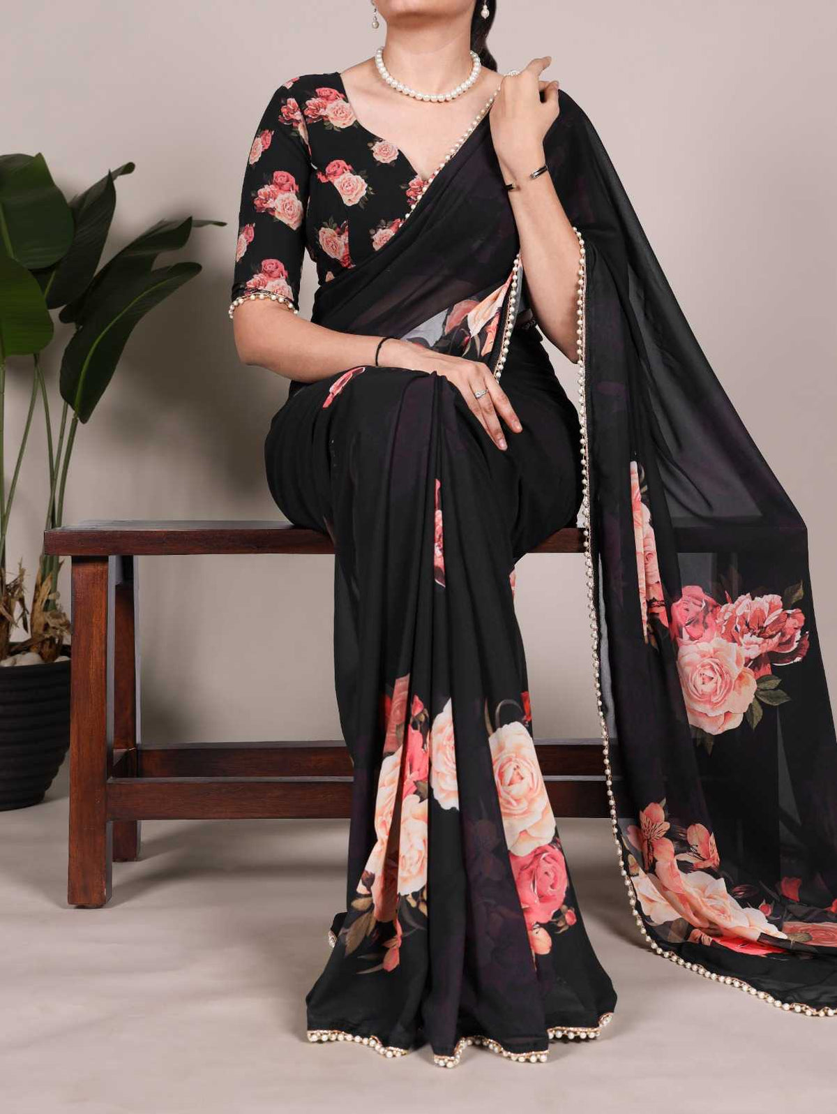 Georgette Printed Saree in White