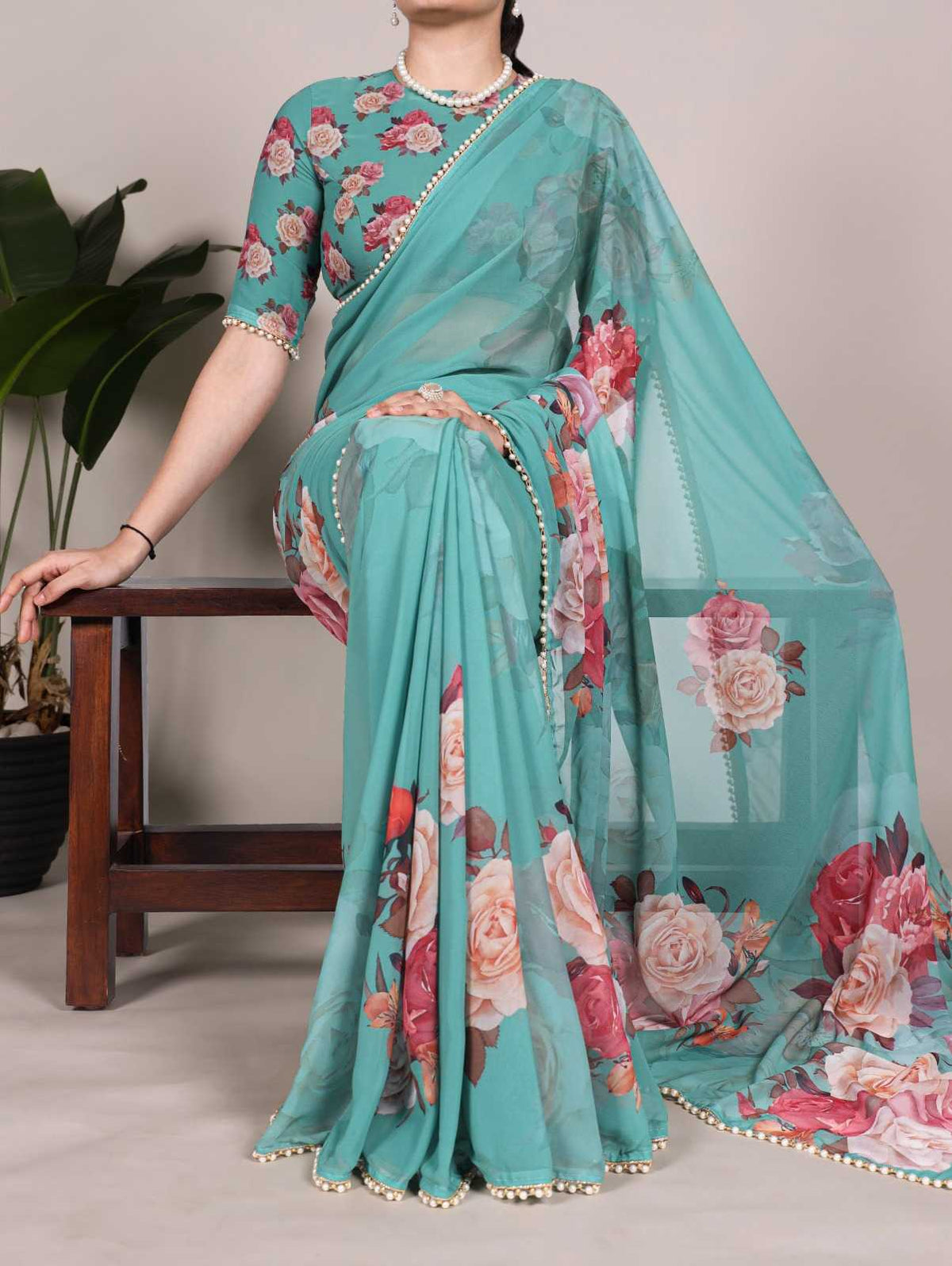 Georgette Printed Saree in White