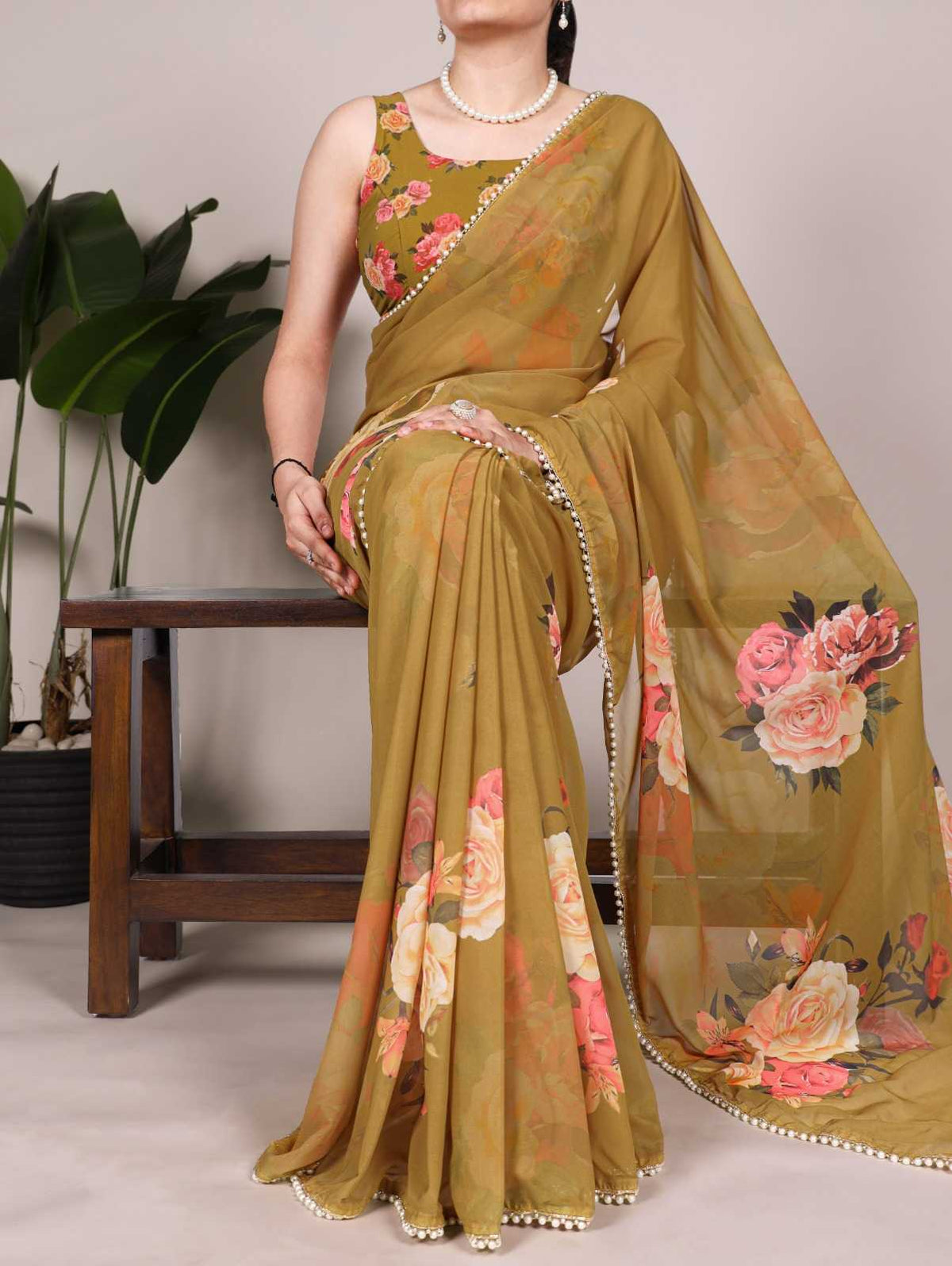 Georgette Printed Saree in White