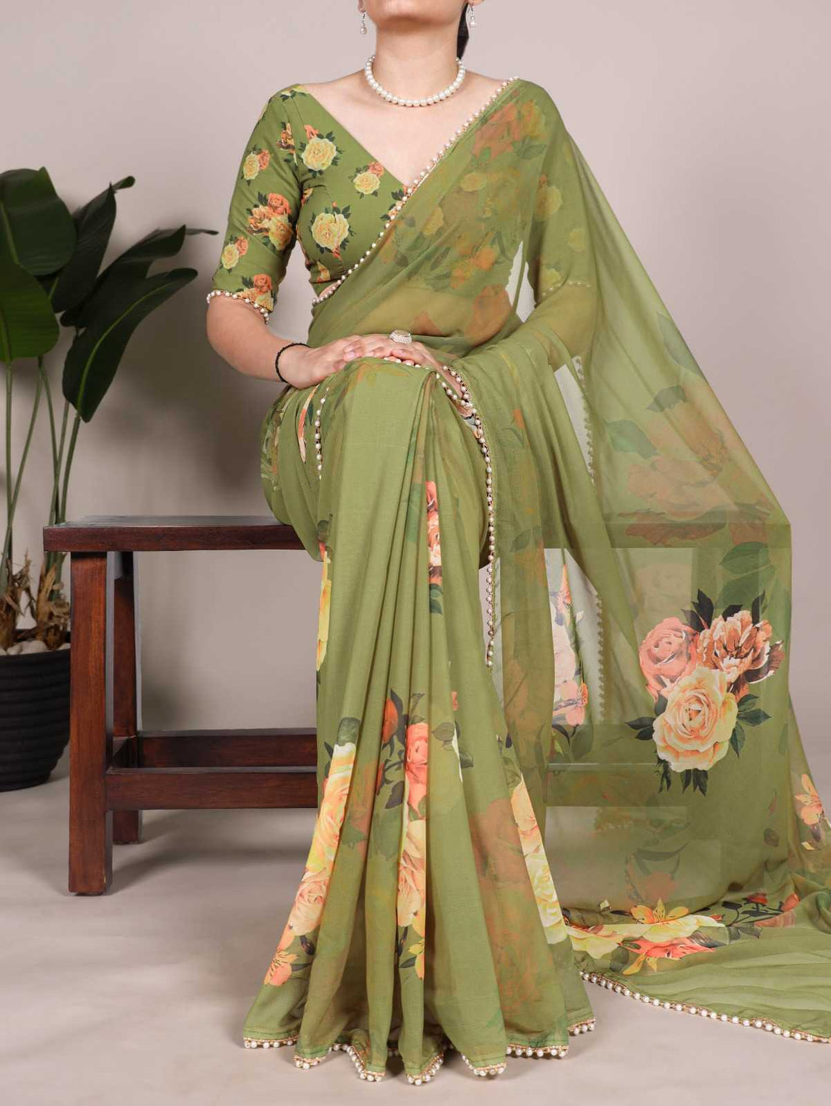 Georgette Printed Saree in White