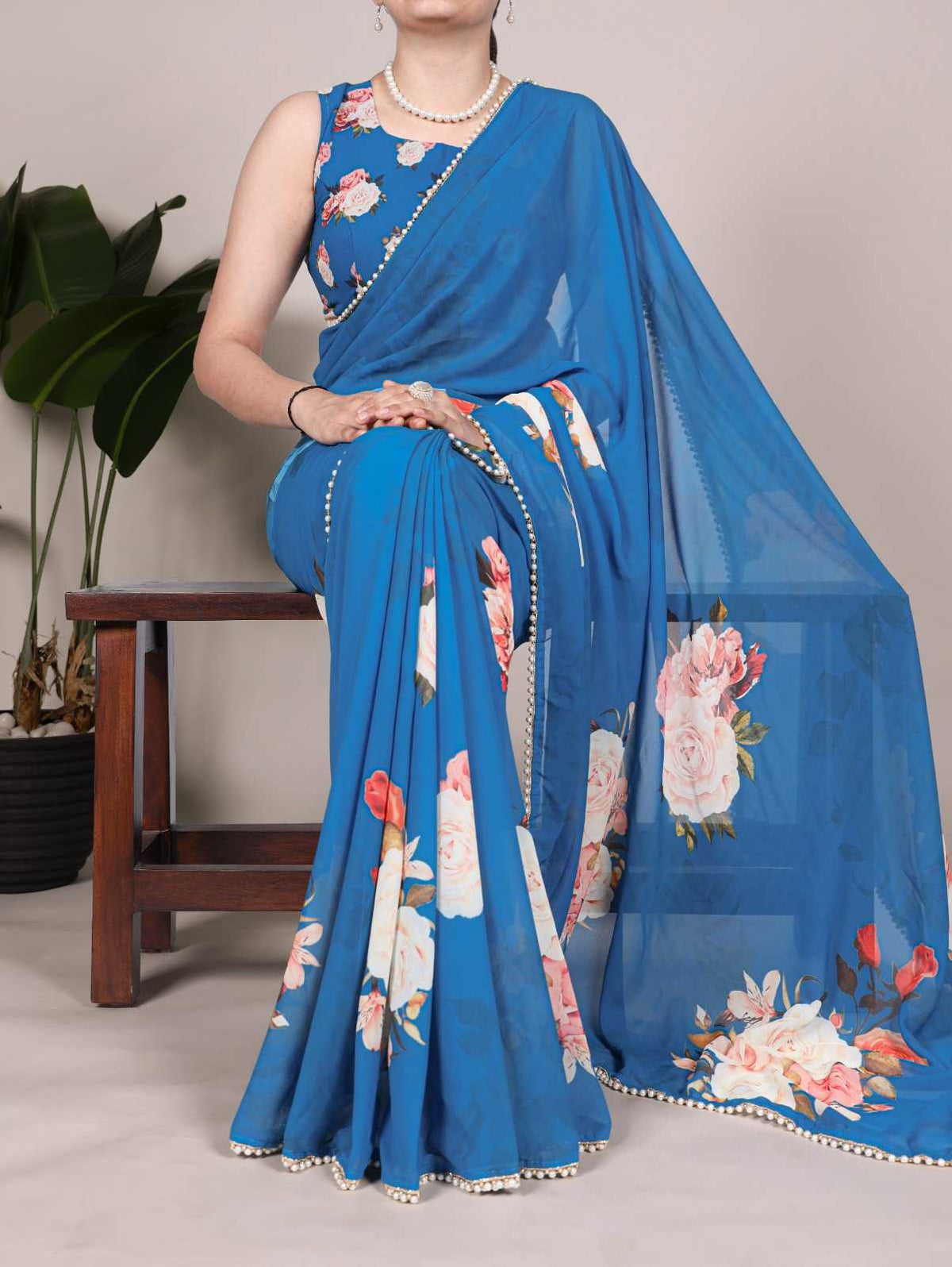 Georgette Printed Saree in White
