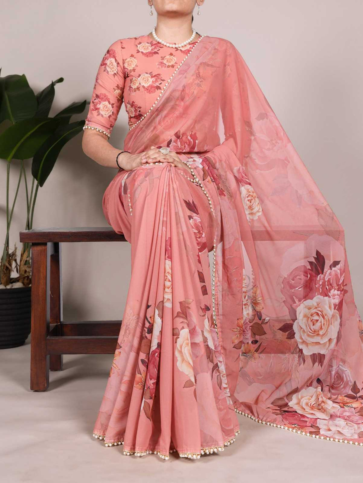 Georgette Printed Saree in White