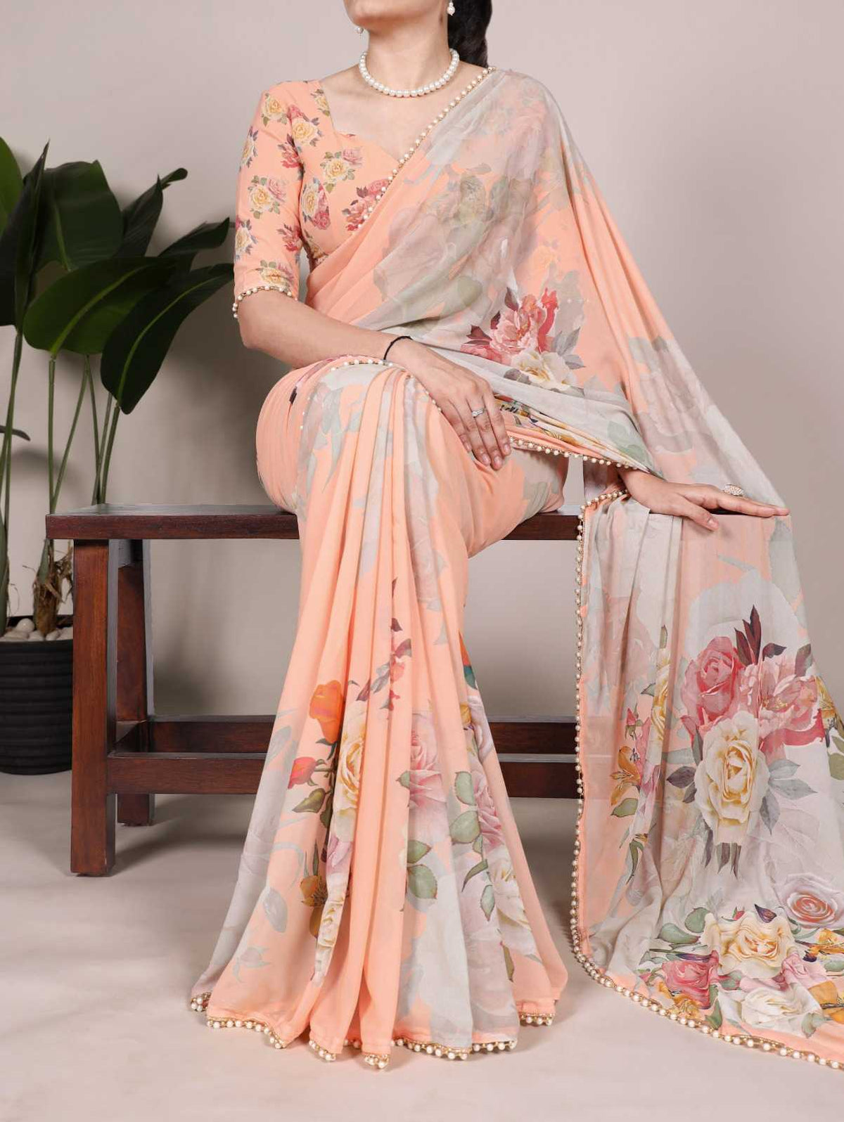 Georgette Printed Saree in White