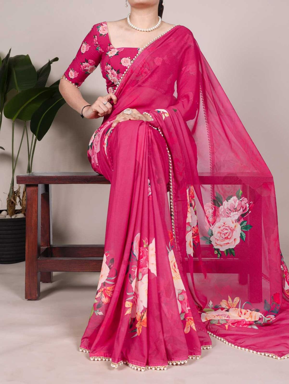 Georgette Printed Saree in White
