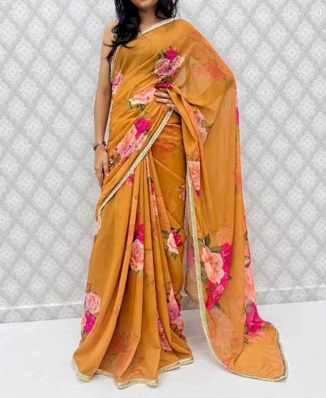 Georgette Printed Saree in Mustard