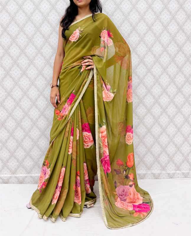 Georgette Printed Saree in Mustard