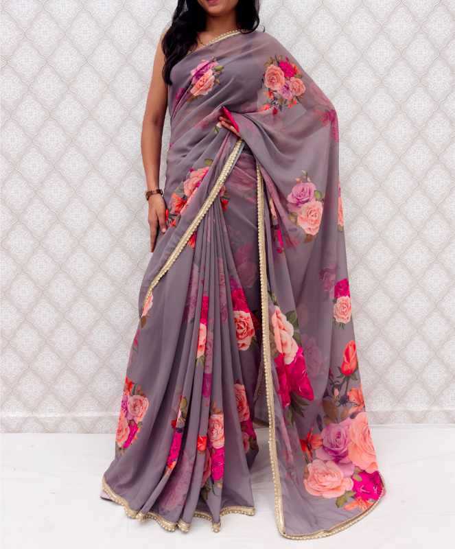 Georgette Printed Saree in Mustard