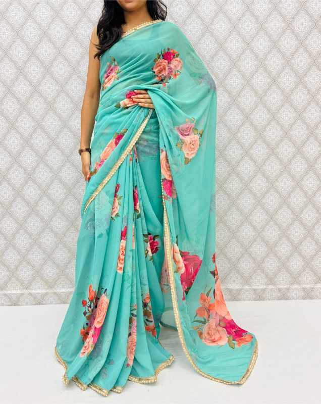 Georgette Printed Saree in Mustard