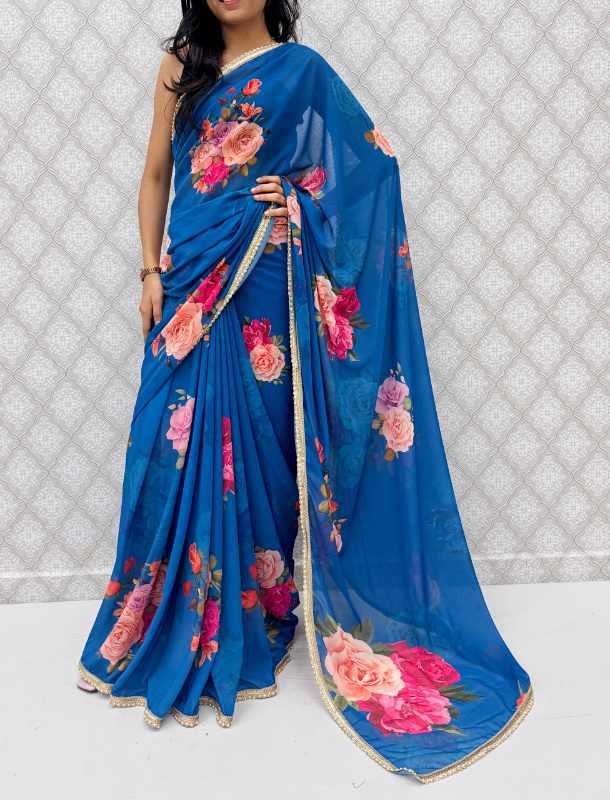 Georgette Printed Saree in Mustard