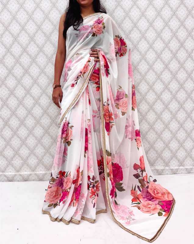Georgette Printed Saree in Mustard