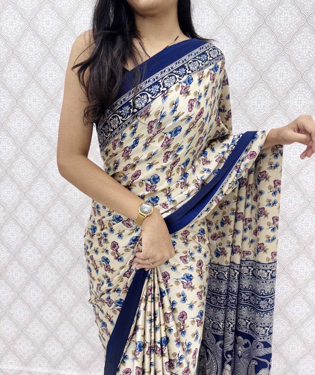 Satin Silk Designer Saree in Navy Blue