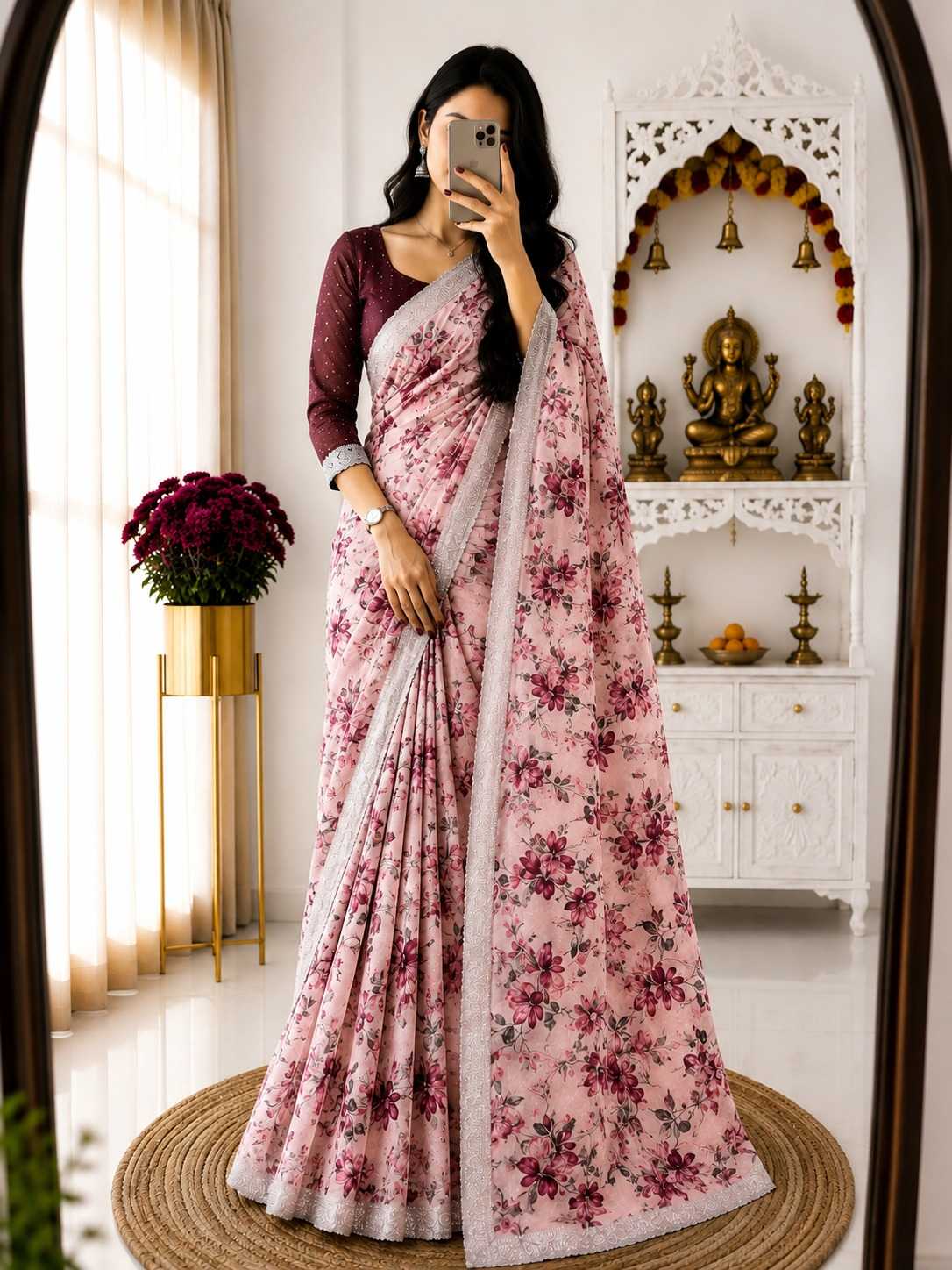 Georgette Printed Saree in Maroon