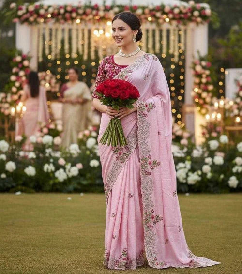 Pink Dola Silk Embroidered Saree