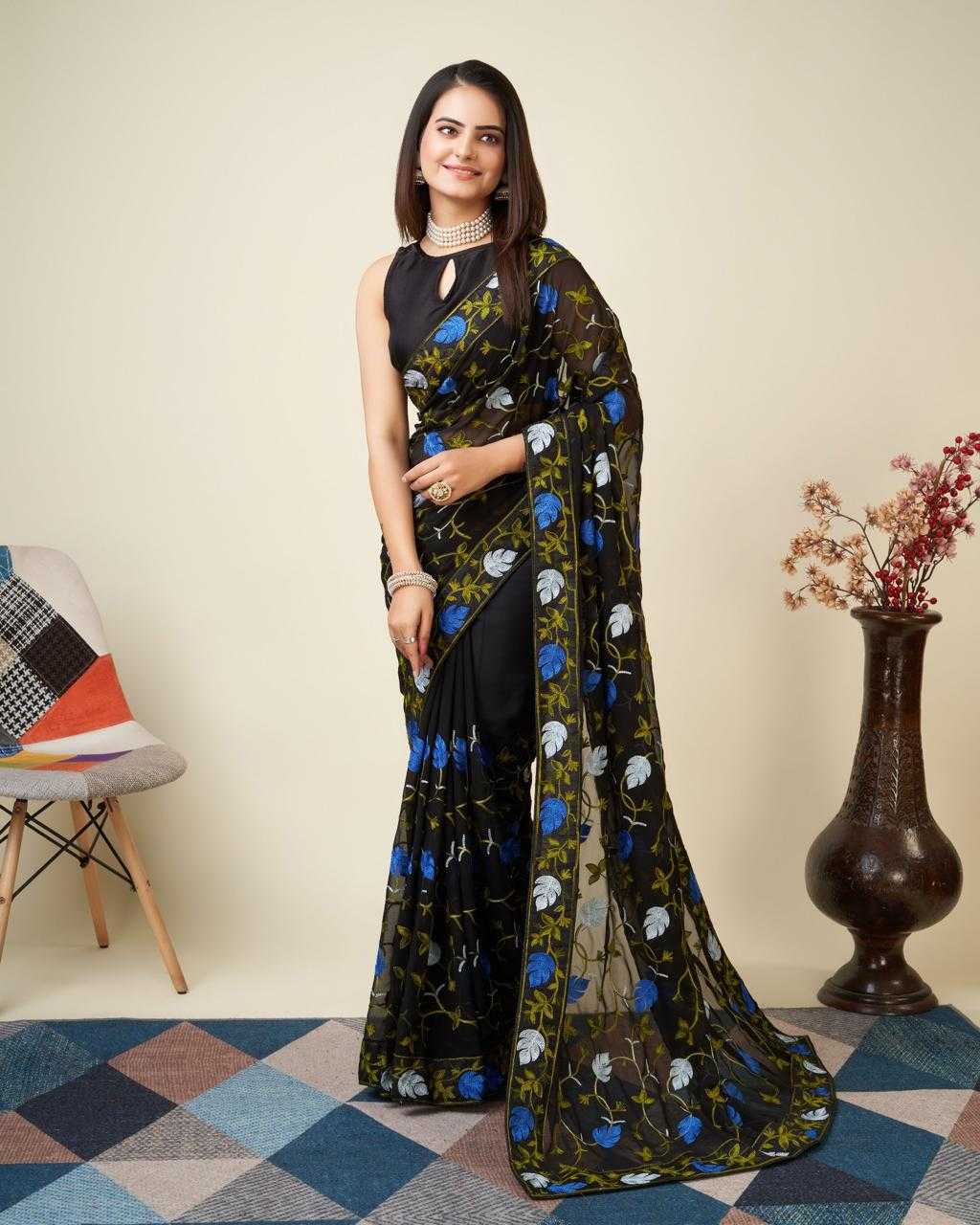 Faux Georgette Saree in Black