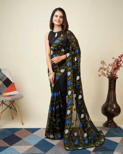 Faux Georgette Saree in Black