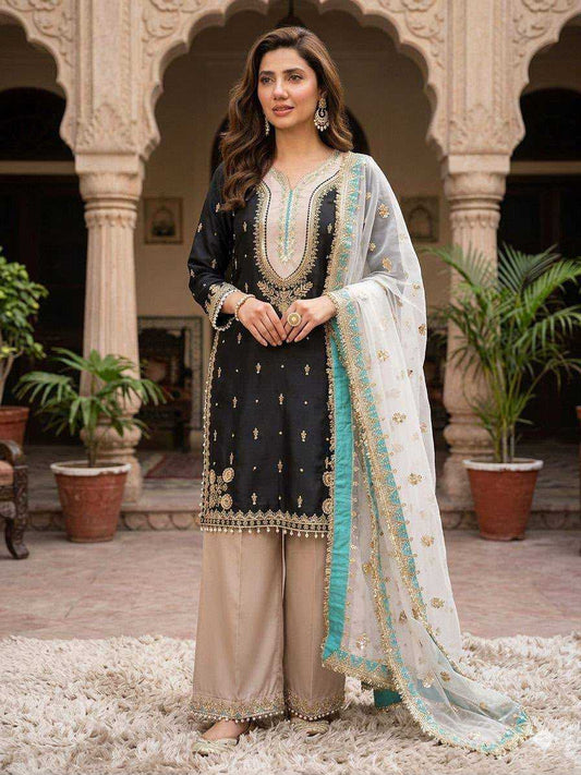 Crepe Silk Embroidery Suit in Black