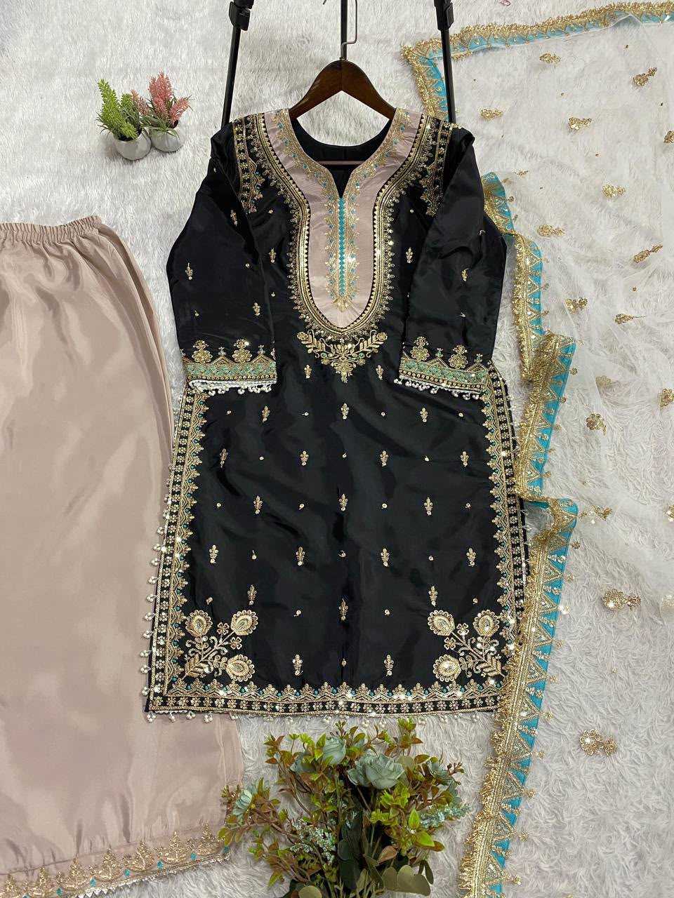 Crepe Silk Embroidery Suit in Black