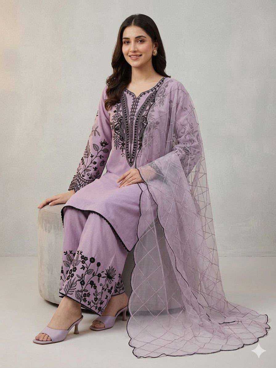 Cotton Embroidery Suit in Lavender